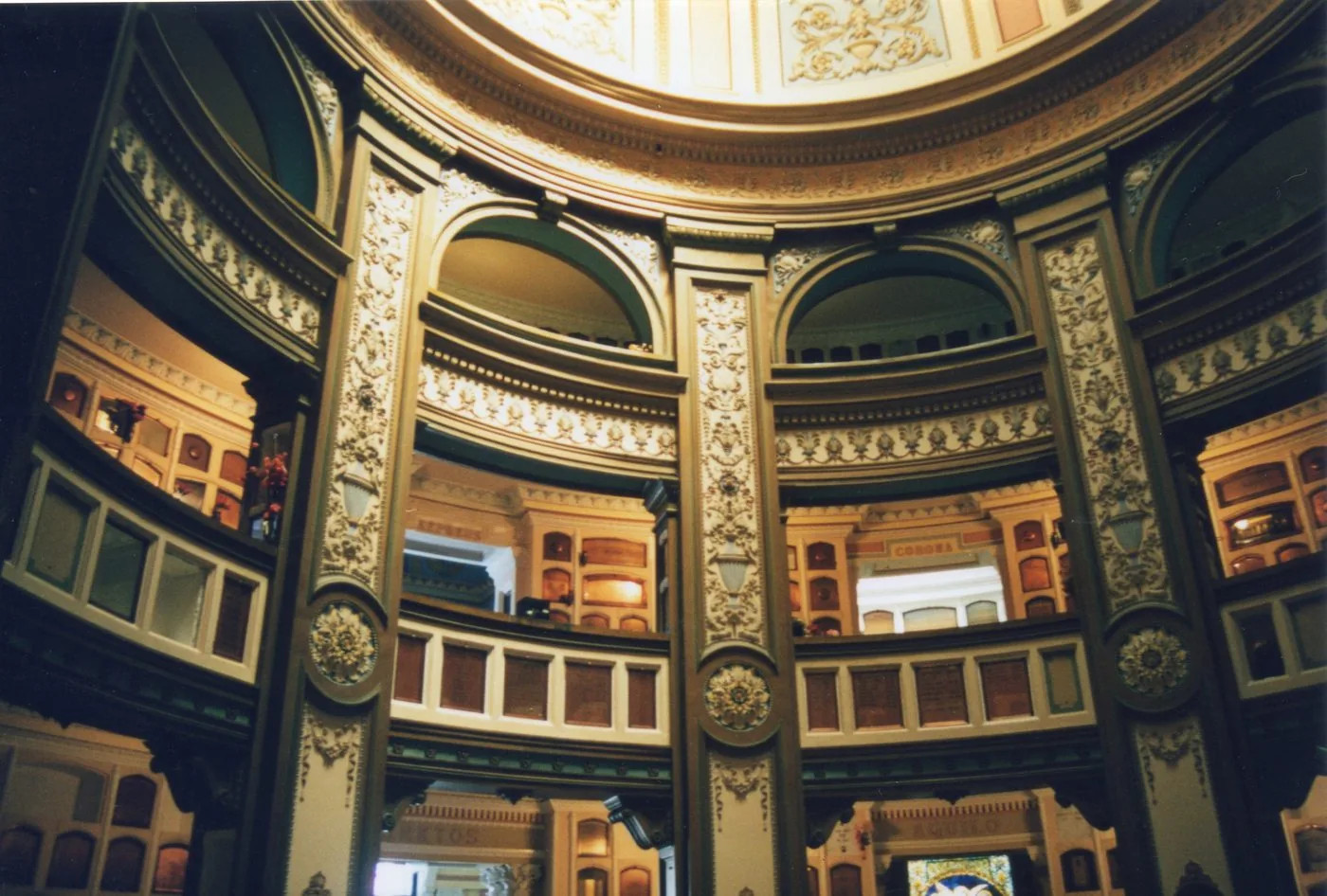 The ornate interior rotunda of the San Francisco Columbarium, featuring four floors of personalized memorial niches